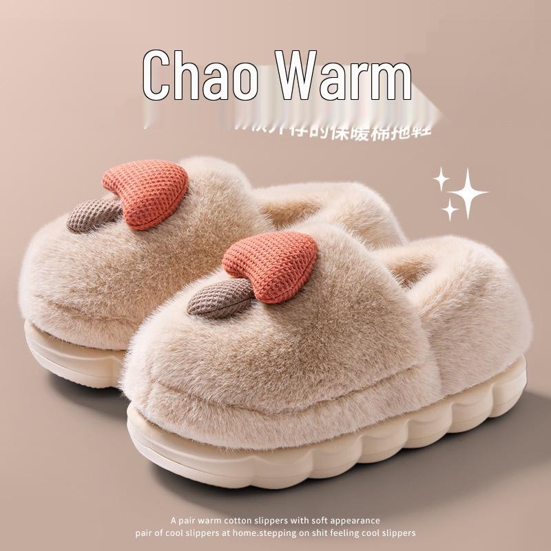 Women's Winter Warm Plush Mushroom Slippers - Cute, Thick Bottom, Furry Baotou Cotton for Couples