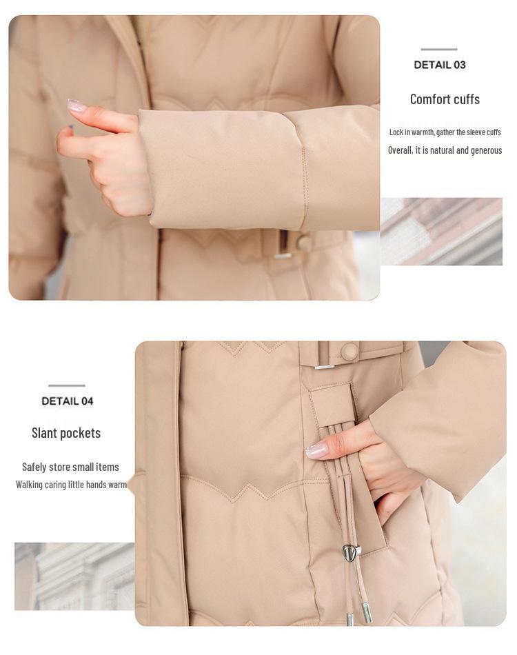 Women's Mid-Length Hooded Cotton Jacket with Large Fur Collar - Fashionable, Slimming Winter Outerwear with Waist Tie