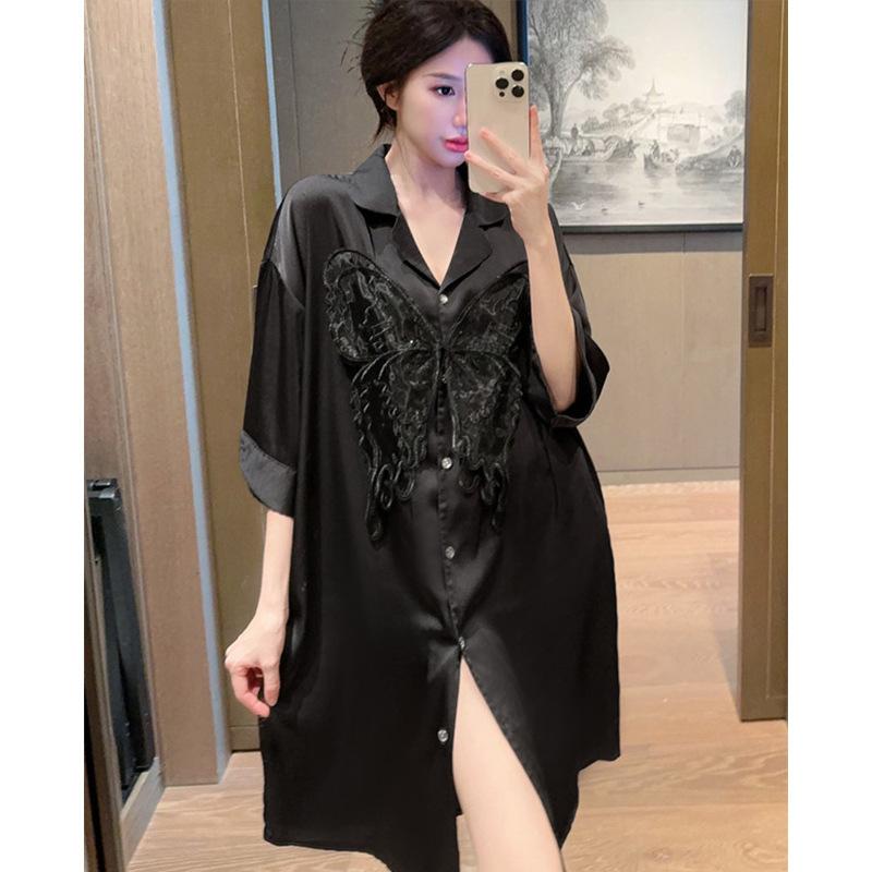 [Crystal Butterfly] French Elegant Wind Shirt Skirt Spring Summer Ice Silk Nightdress Women's Thin Cool Homewear