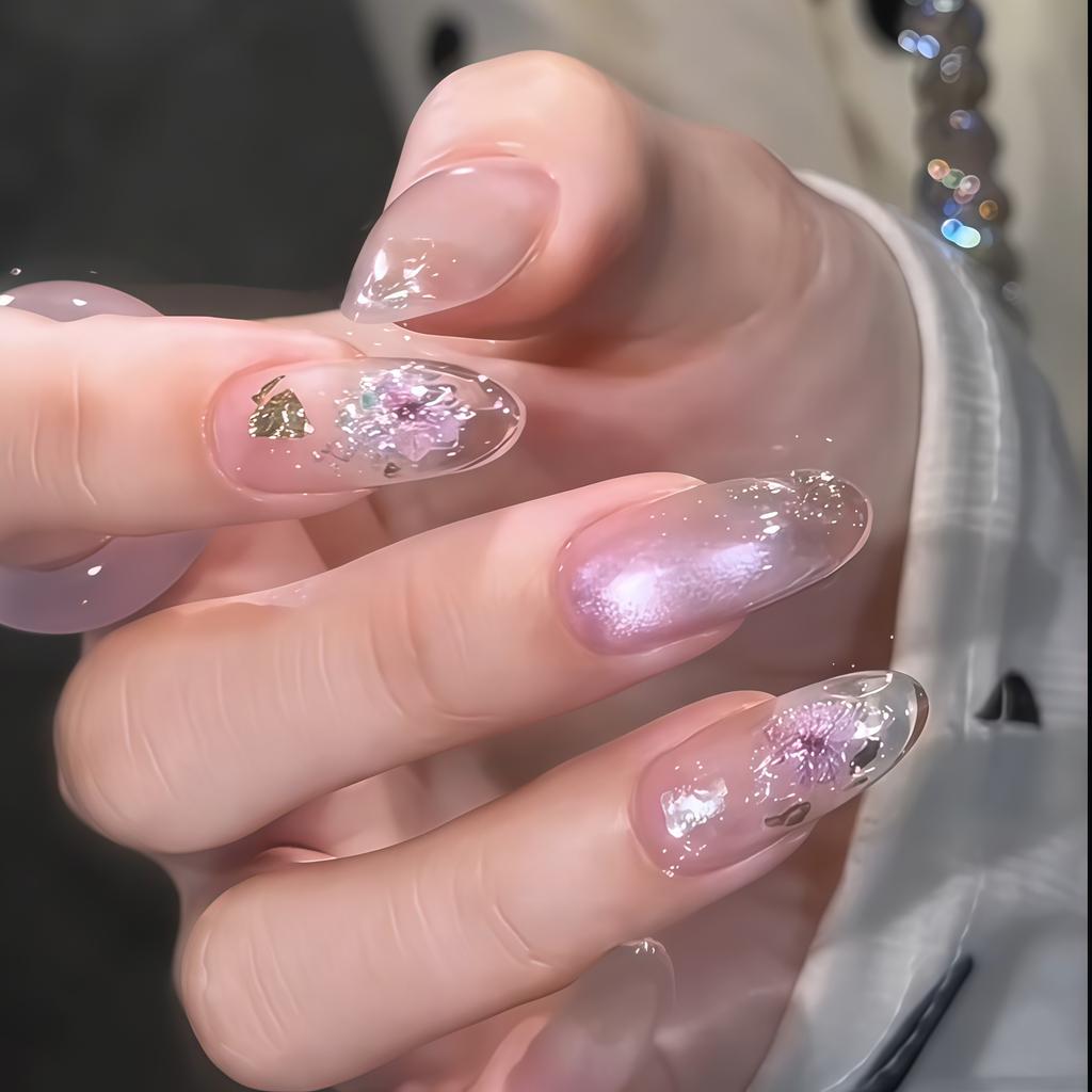 Ins Spring Cat's Eye Medium and Long Pure Handmade Wearing Nail Temperament Whitening Boutique Nail Art False Nail Patch