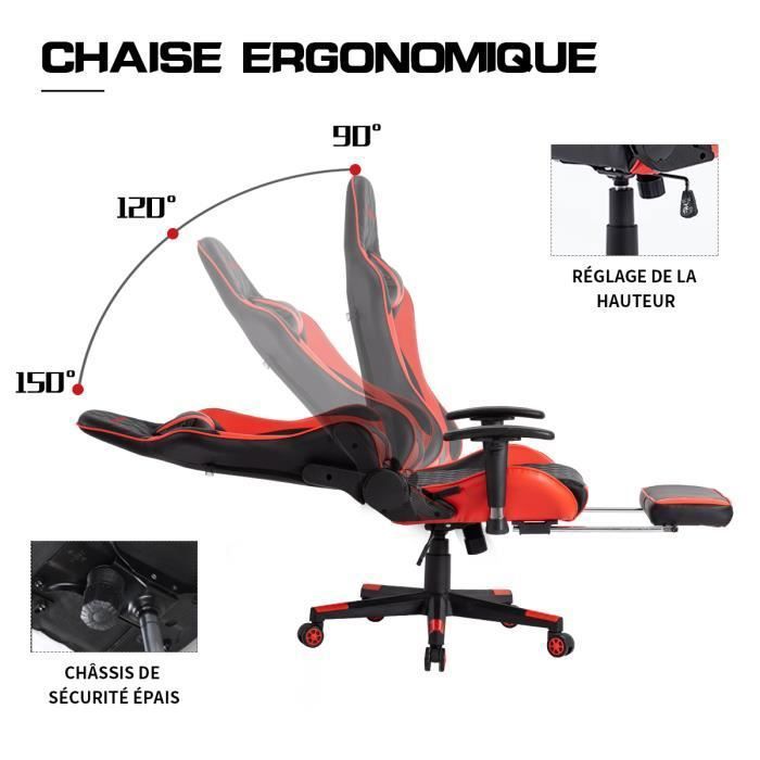 Chaise Gamer - Foxsport - Ergonomique - Repose-pieds Télescopique - Accoudoirs Réglables - Cuir Rouge