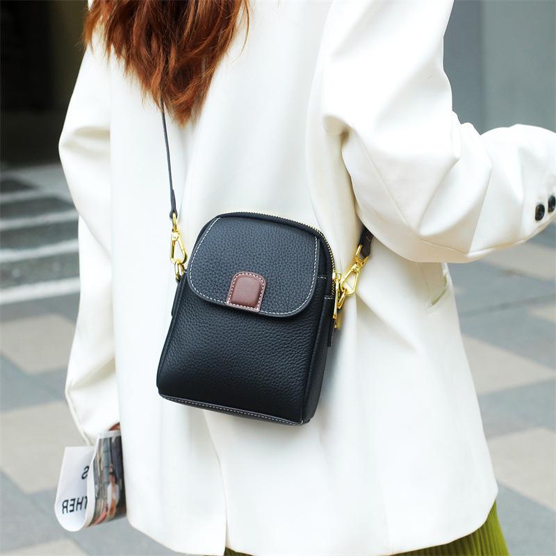 Head Layer Cowhide Women's Bag, Mobile Phone Bag, Women's Genuine Leather Crossbody Bag, Fashionable Multi Compartment Shoulder Bag