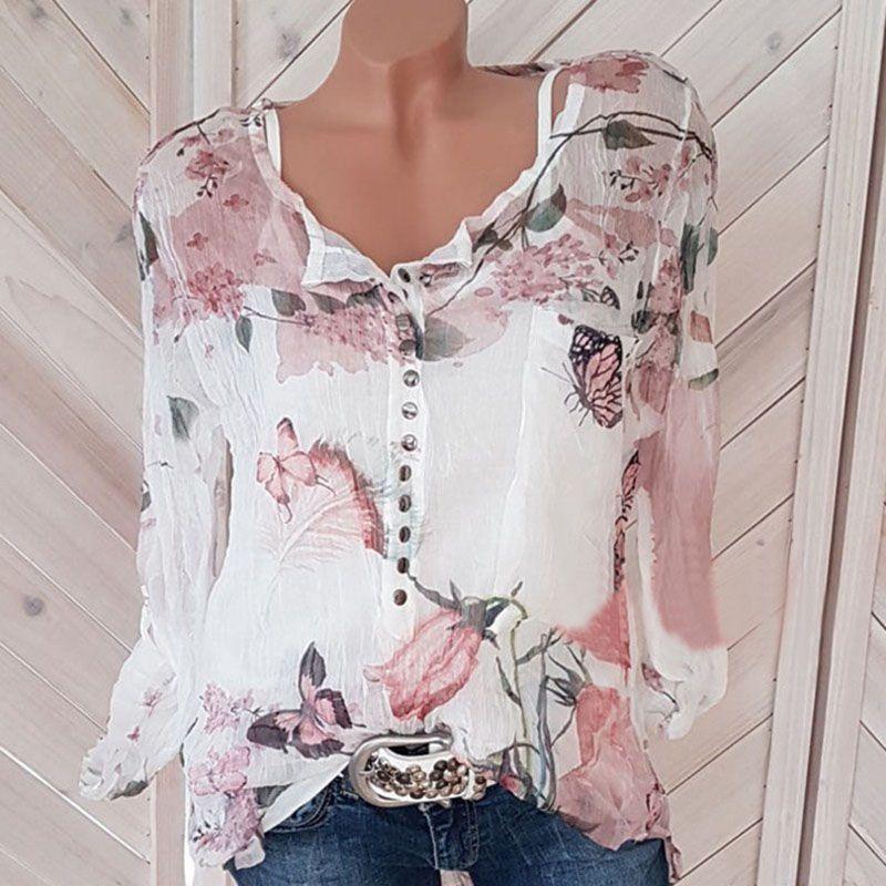 Premium Quality Chiffon Women Casual Floral Printed Buttons T-shirt Irregular Tops Blouse