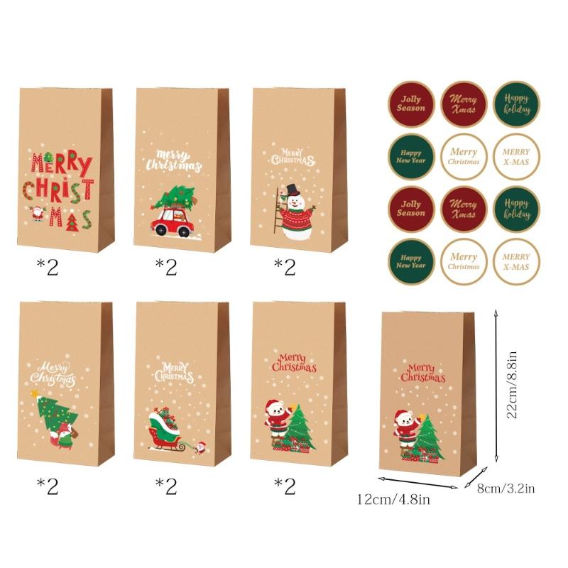 

12 шт. Рождественский календарь, подарочные пакеты, бумажные пакеты для обратного отсчета для праздничной вечеринки, упаковка для подарков, пакет для упаковки яблок на Рождество A5