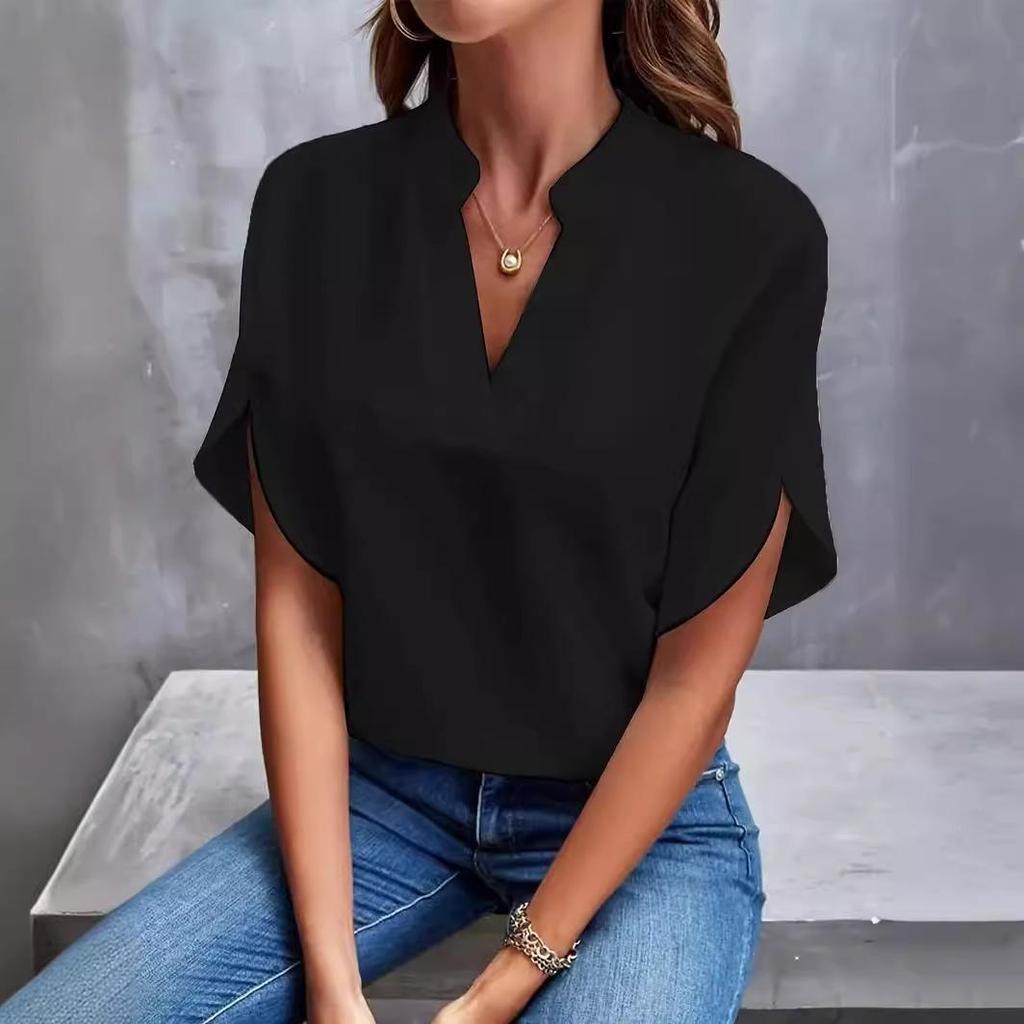 VEZFAA Blusas y camisas de manga corta con cuello en V para mujer, estilo casual, verano, primavera, color sólido