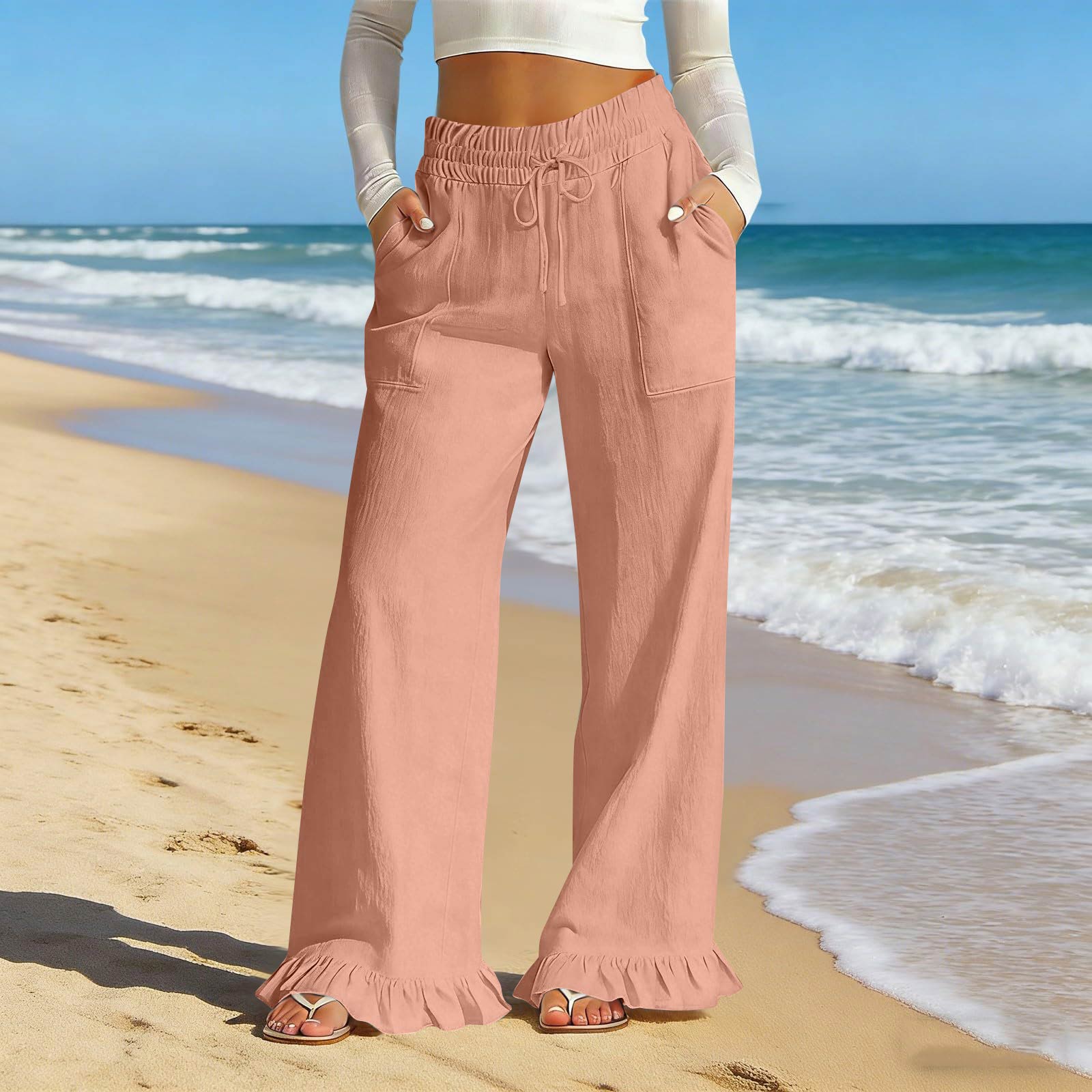 Women s Fashion Ruffle Hem High Waist Drawstring  Color Casual Pants S