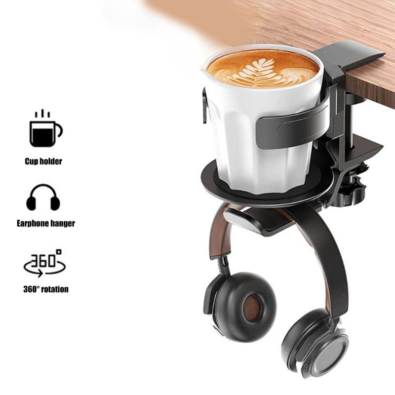 Solid Desk Headphone Mount 360Degree Swivels Headsets Hanger with Cup Holder Solid Aluminum Alloy Constructions