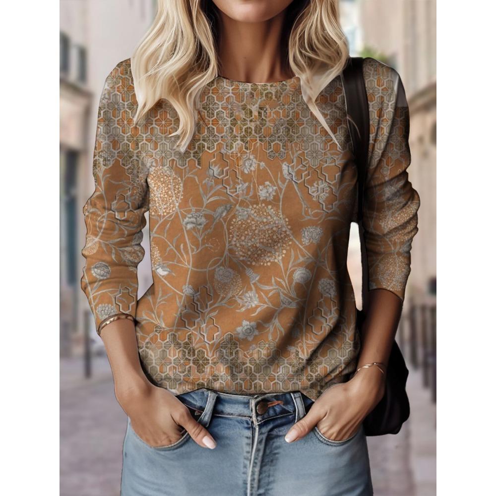 

Women s floral pattern T-shirt 3D printed round neck long sleeved shirt 5XL