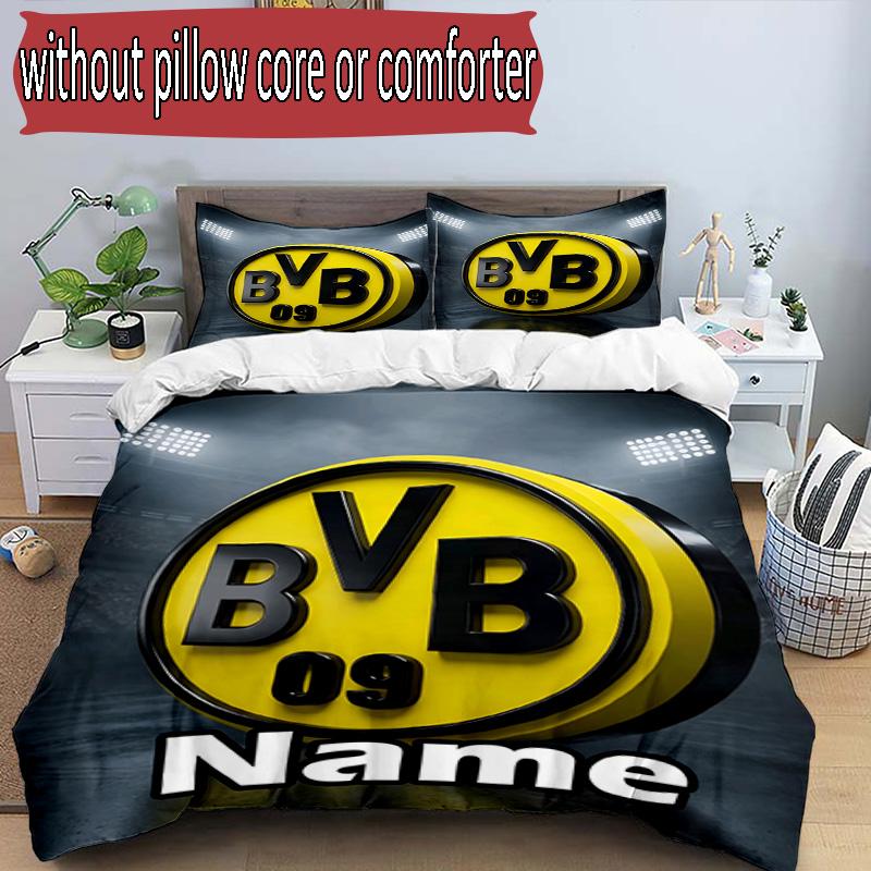 Juego de funda nórdica de 3 piezas (1 funda de edredón + 2 fundas de almohada, sin núcleo), Juego de Ropa de Cama con Patrón de Borussia Dortmund y Nombre Personalizado, Regalo de Decoración para Dormitorio del Hogar