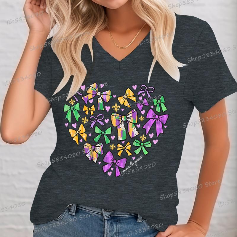 2025 New Womens Mardi Magic Bows Tshirt Summer Fashion Short Sleeved Top New Orleans Bows Print V Neck Party FeUnisex Tshirt
