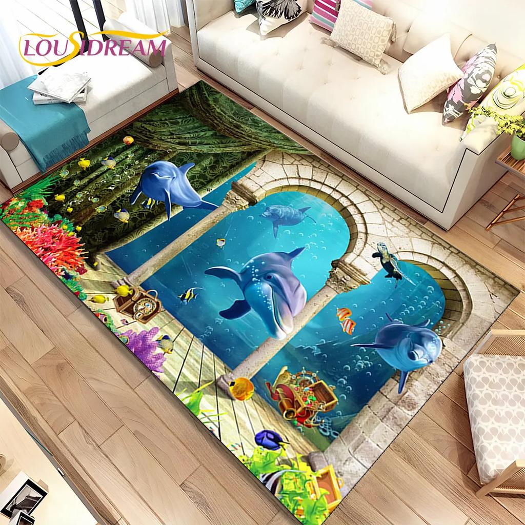 3D Illusion Seabed Underwater World Dolphin Shark Area Rug,Carpet Rug for Living Room Bedroom Sofa Doormat,Non-slip Floor Mat