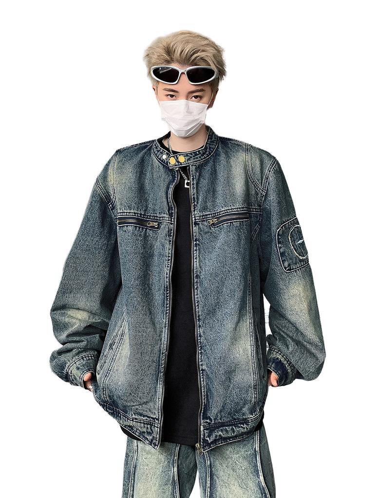 2025 Spring American High Street Locomotive Denim Jacket Men's Washed Old Trendy Brand Loose Casual Zipper Jacket