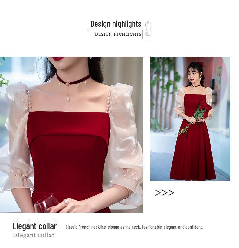 Robe d'été formelle courte haut de gamme couleur bordeaux - Tenue de toast ou tenue quotidienne pour la mariée 2025
