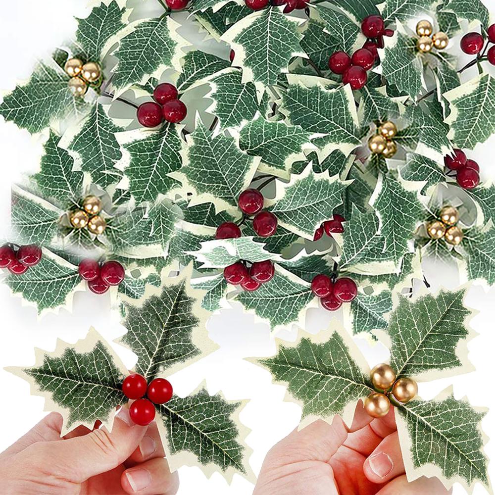 20/5Pcs Artificial Holly Berries With Green Leaves DIY Christmas Wreath Wedding Flower Gifts Xmas New Year Festival Decorations