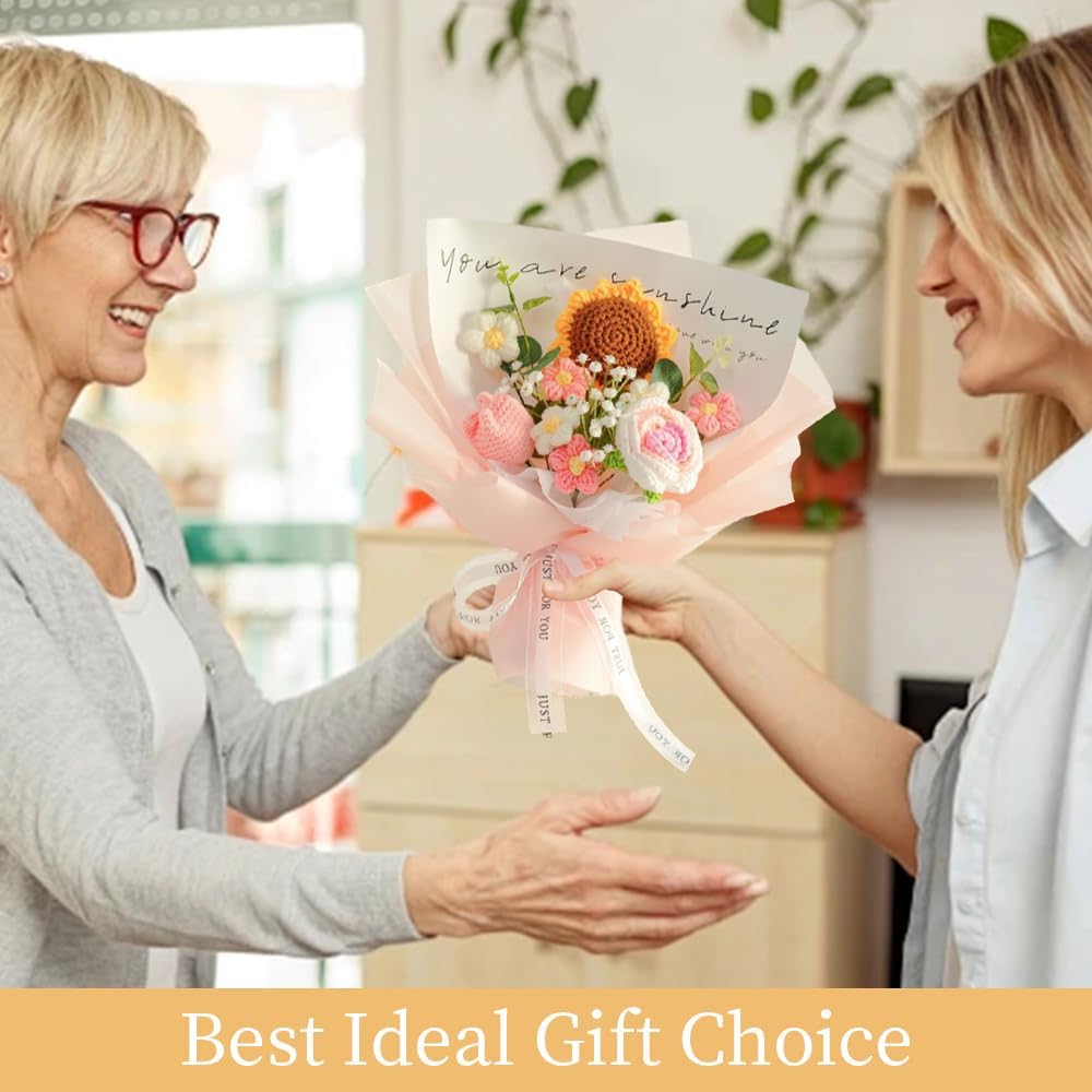 Crochet Flowers Bouquet Sunflower Rose : Handmade Knitted Bouquet for Mother's Day Birthday Home Decor Girlfriend (Pink)