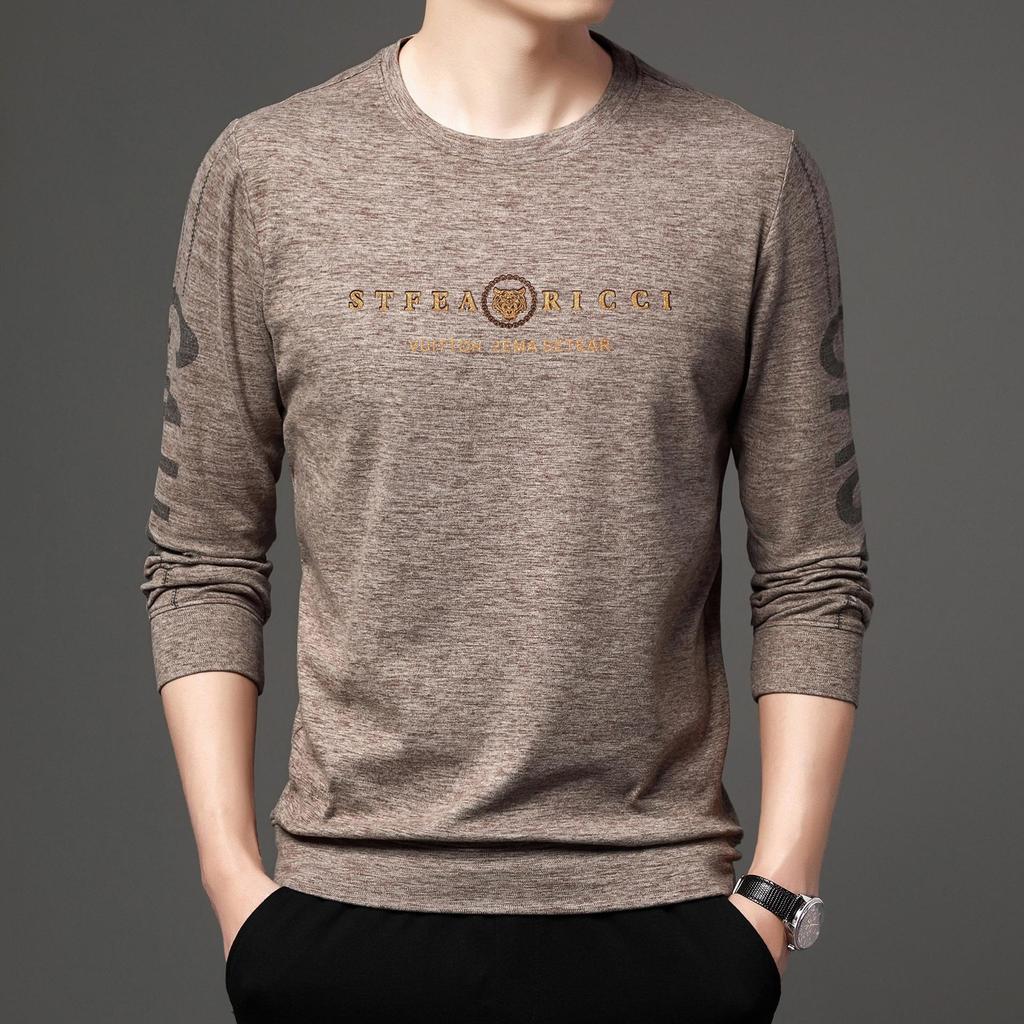 Camiseta Masculina de Manga Comprida para Primavera e Outono, Juvenil Casual, Gola Redonda, Estampa de Letras, Suéter, Roupa Masculina
