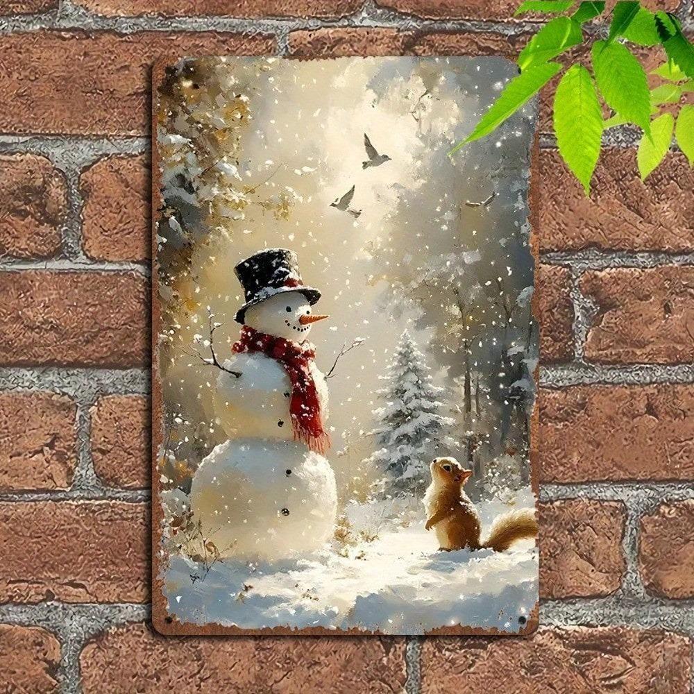 Vintage Metal Tin Wall Art Winter Snowman Squirrel Farmhouse Decor 8x12 Inch