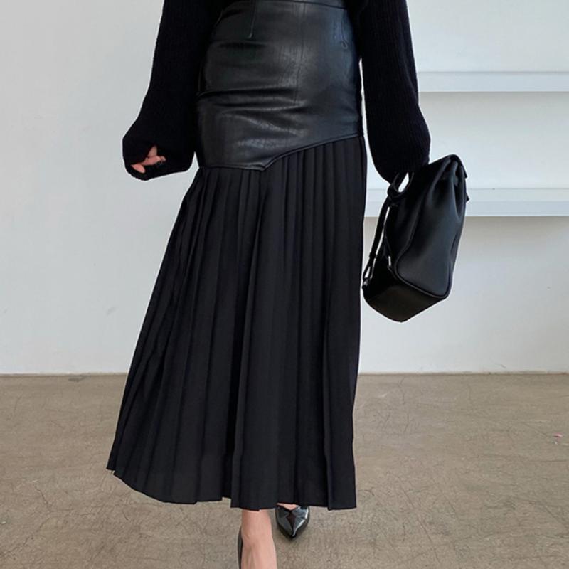 Ležérní patchworková sukně Pu sukně pro ženy s vysokým pasem Midi skladané sukně Dámské jarní módní oblečení Elegantní a elegantní dáma