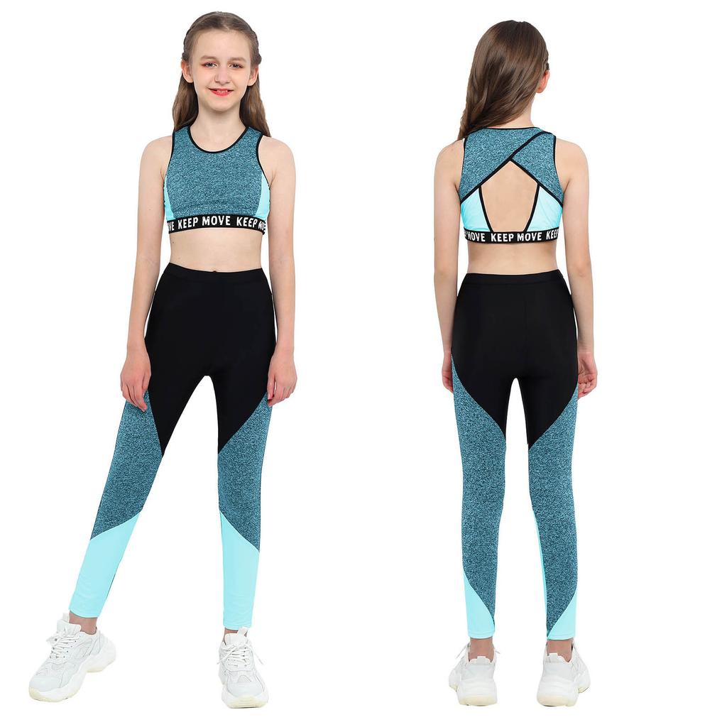 Kids Girls Sport Wear Set Wide Shoulder Straps Vest Top and Sport Pants Set Workout Running