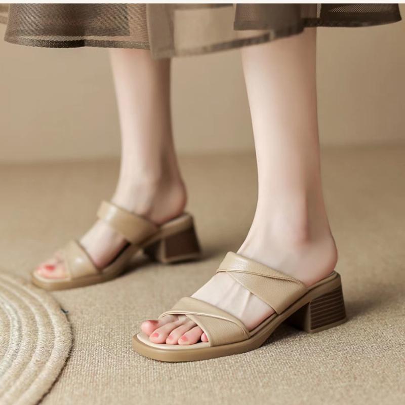 Fashion Square heel Low Slippers Women Summer Female Shoes Slides Heeled Mules Fashion Block 2024 High Luxury Rome Fabric Rubber PU Hoof