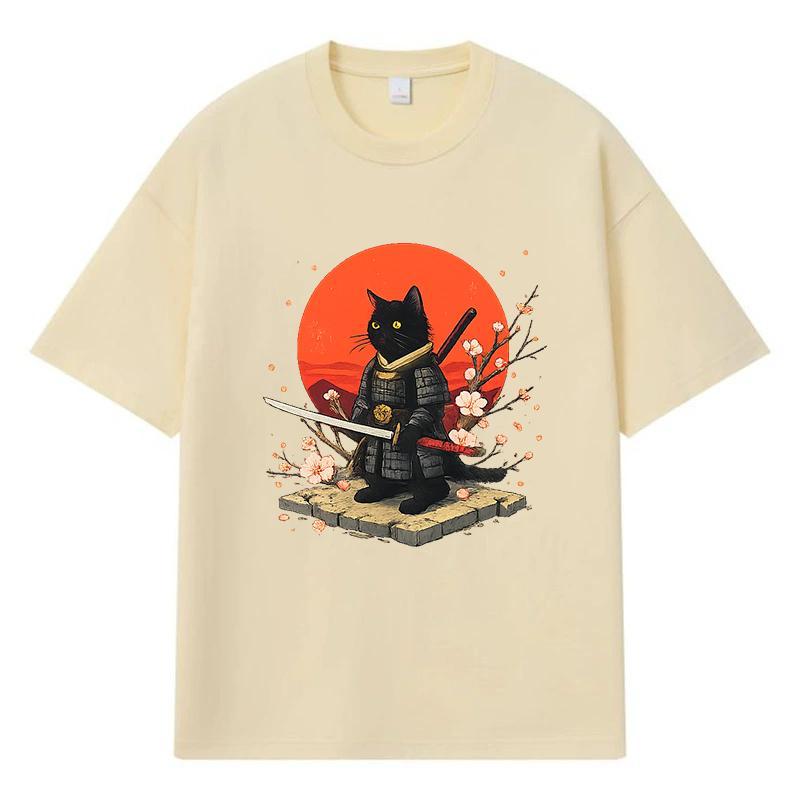 2026 Black Cat Samurai Printed Graphic Y2k Harajuku Streetwear 100% Cotton T Shirt Casual Oversized Summer Men T-shirt