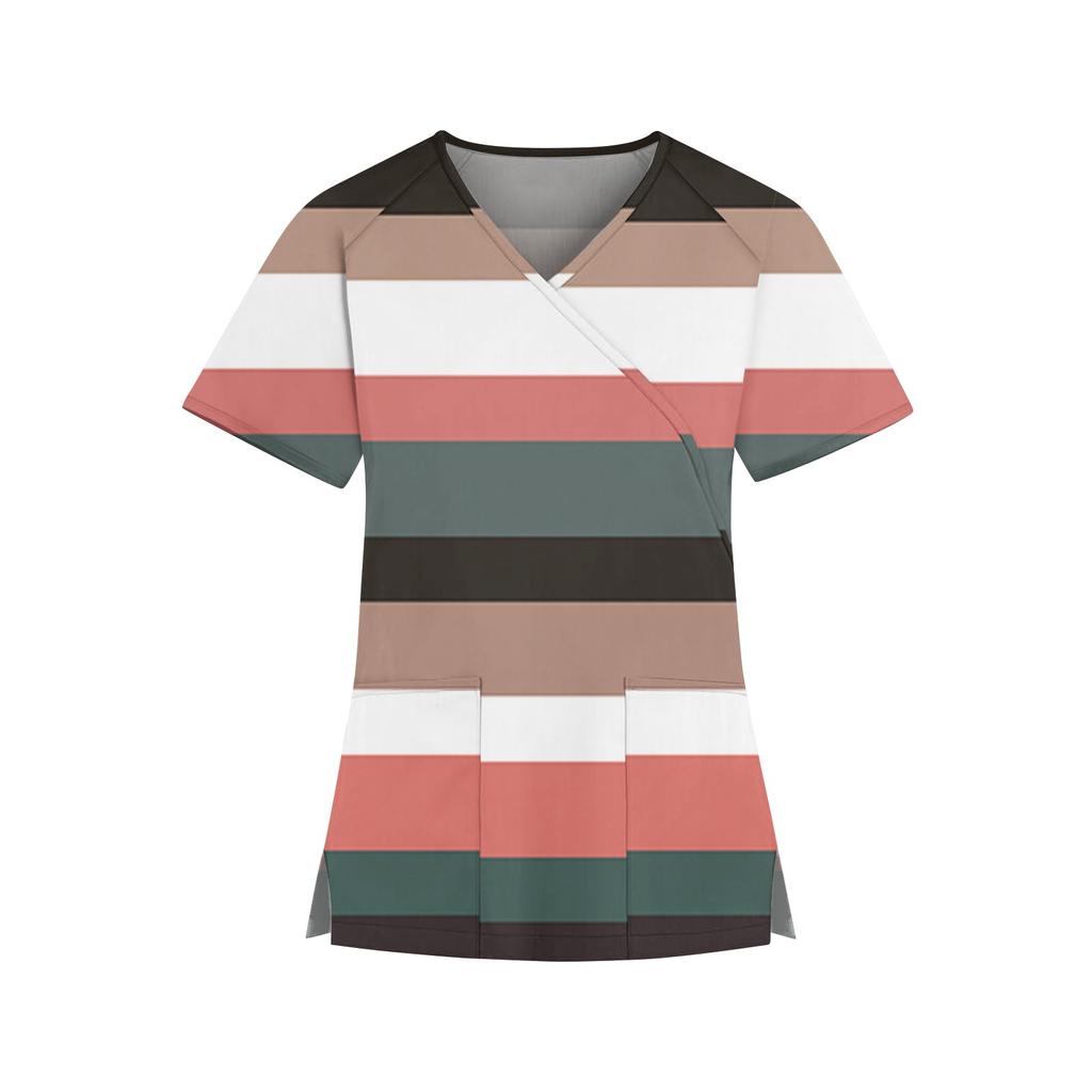 Women's Fashion V-neck Stripe Color Matching Printed Short Sleeve Workwear With Pockets Tops Protective Clothing