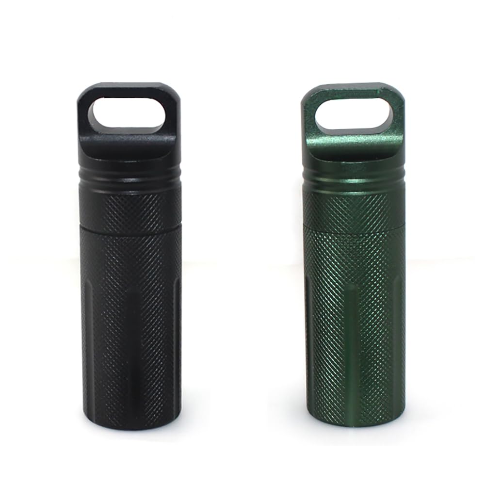 

SENHAI Aluminum Pill Bill Capsule Case, 2-Pack, Sealed, Waterproof, Portable Storage Box with Carabiner - Black and Green