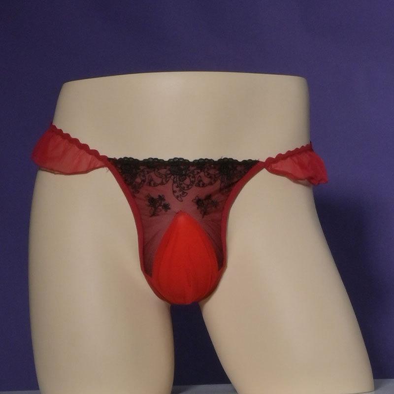 Lace Embroidery Men'S Bugle Pouch Silk Slip Bullet Separation Lingerie Low Waist Japanese G-String T-Back Thong Sissy Nightwear