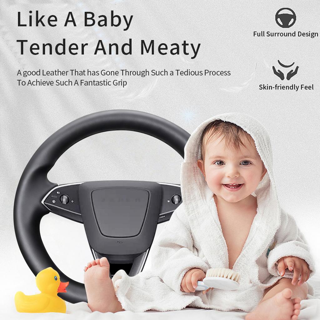 New Design Interior Decoration Full Flat Black Leather Hand Sewing Steering Wheel Cover for tesla Model 3