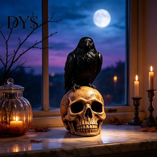 Creepy Gothic Accents Halloween Skull Figurine, Realistic Human Head Statue, Crow on Statue Sculpture for Home Tabletop Mantel Decor Decorations