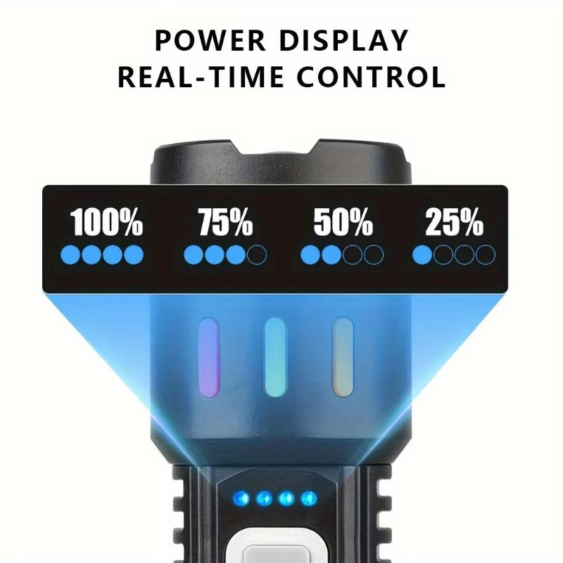 High Power LED Handheld Flashlight with Power Display, Strong Light & Side Light, Bright Torch for Camping, Hiking and Outdoor Emergency Use
