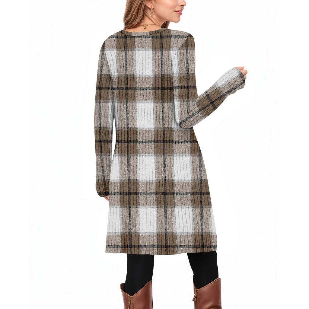 Women's Fashion Casual Long SleeveTunic Dress With Pockets Side Button Dress