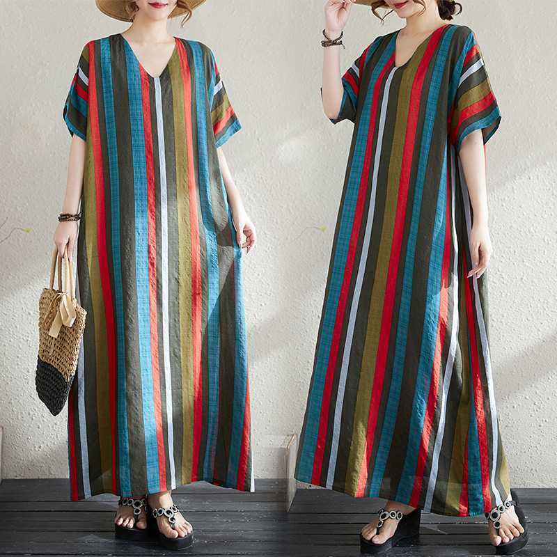 

Summer New Cotton and Linen Printed Loose and Simple Long Skirt Thin One size