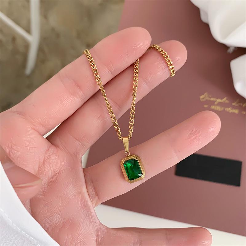 Blue-Green Champagne Gemstone 18K Plated Titanium Steel Retro Necklace - Trendy European American Style for Women and Couples.