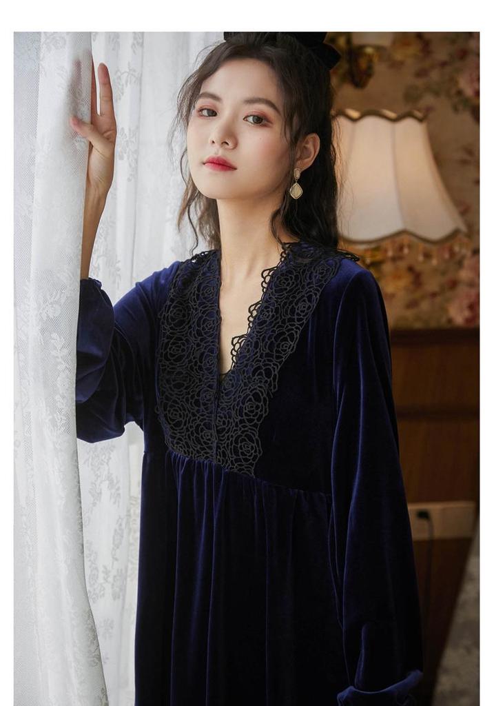 Court Style Women's Long Sleeve Nightgown - Spring/Autumn/Winter, Warm Black Pajamas, Slim Fit, Plus Size Homewear