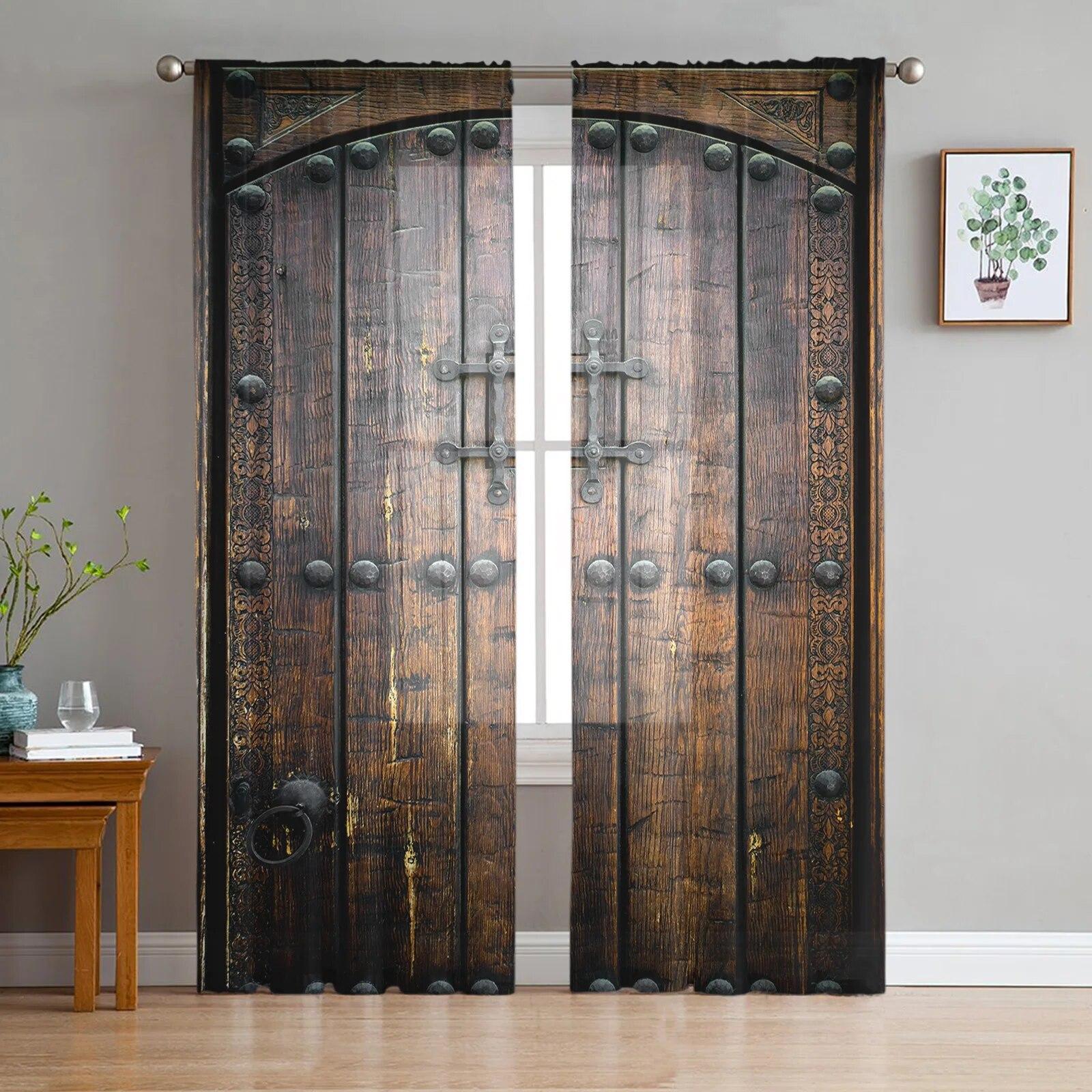 

Деревянная дверь, краска, ретро, ​​современные шторы для гостиной, тюлевые шторы, прозрачные оконные занавески для спальни, аксессуары, декор 135W x 114H(cm)