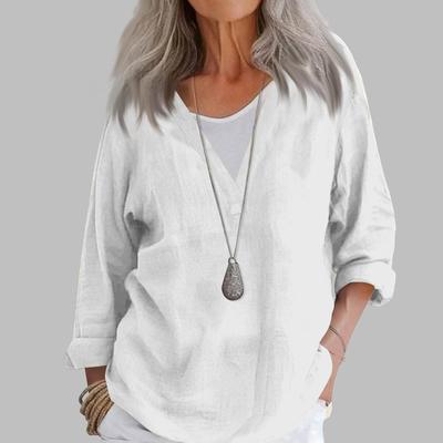 Women's Fashion Casual Cotton Linen V-Neck Long Sleeve Pullover Top
