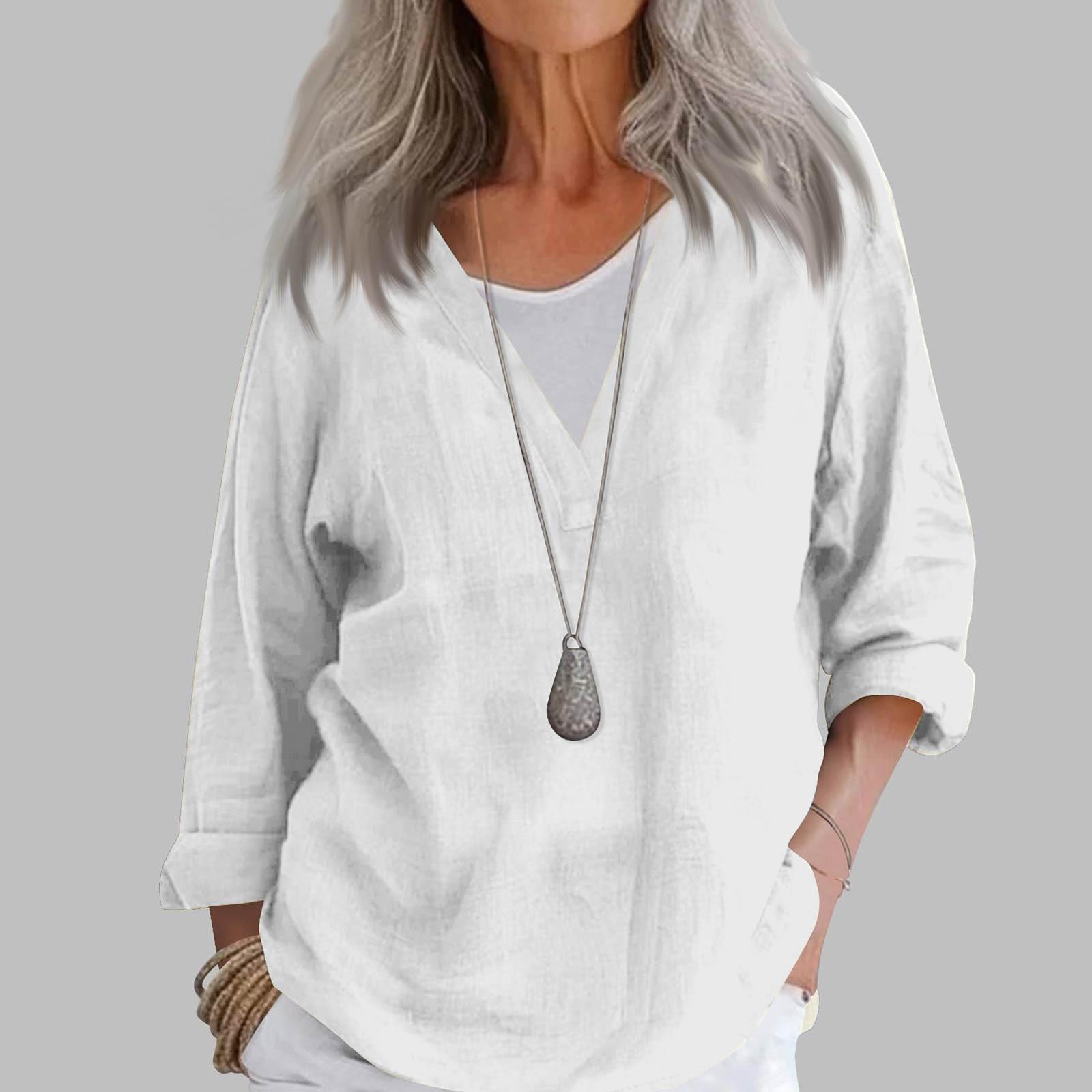 

Women s Fashion Casual Cotton Linen V-Neck Long Sleeve Pullover Top XL белый