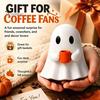 Small Gnome Statue Ghost Drinking Coffee Figurine, Cute White Holding Orange Mug Statue, Spooky Figurine Halloween Bar Decoration for Kitchen Counter,