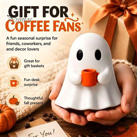 Small Gnome Statue Ghost Drinking Coffee Figurine, Cute White Holding Orange Mug Statue, Spooky Figurine Halloween Bar Decoration for Kitchen Counter,