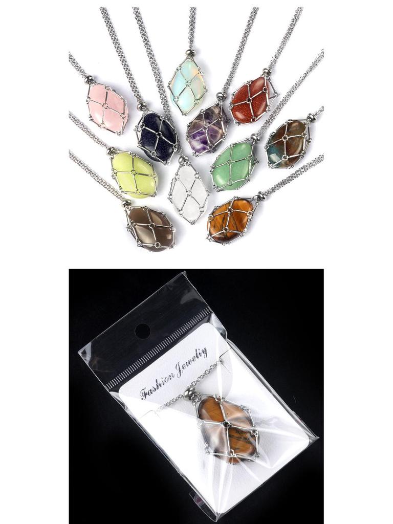 Collana con Catena Intrecciata Fatta a Mano in Acciaio Inossidabile 1720 con Ciondolo in Pietra di Agata Cristallo