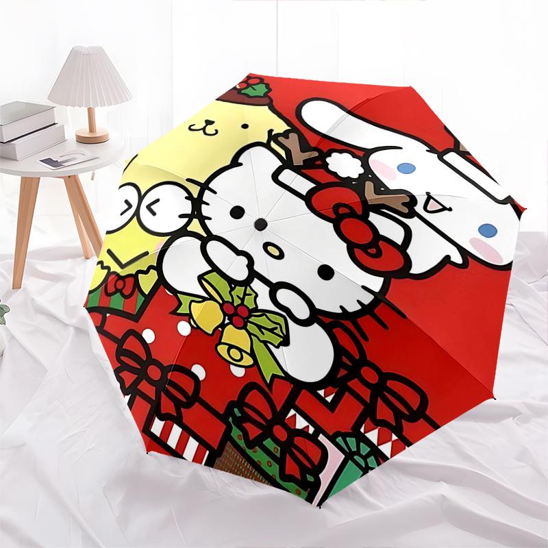 1pc Hello Kitty Christmas Edition Automatic Opening/Closing Umbrella with Festive Bow Design - Portable Three-Fold Iron Frame Outdoor Umbrella for Fan