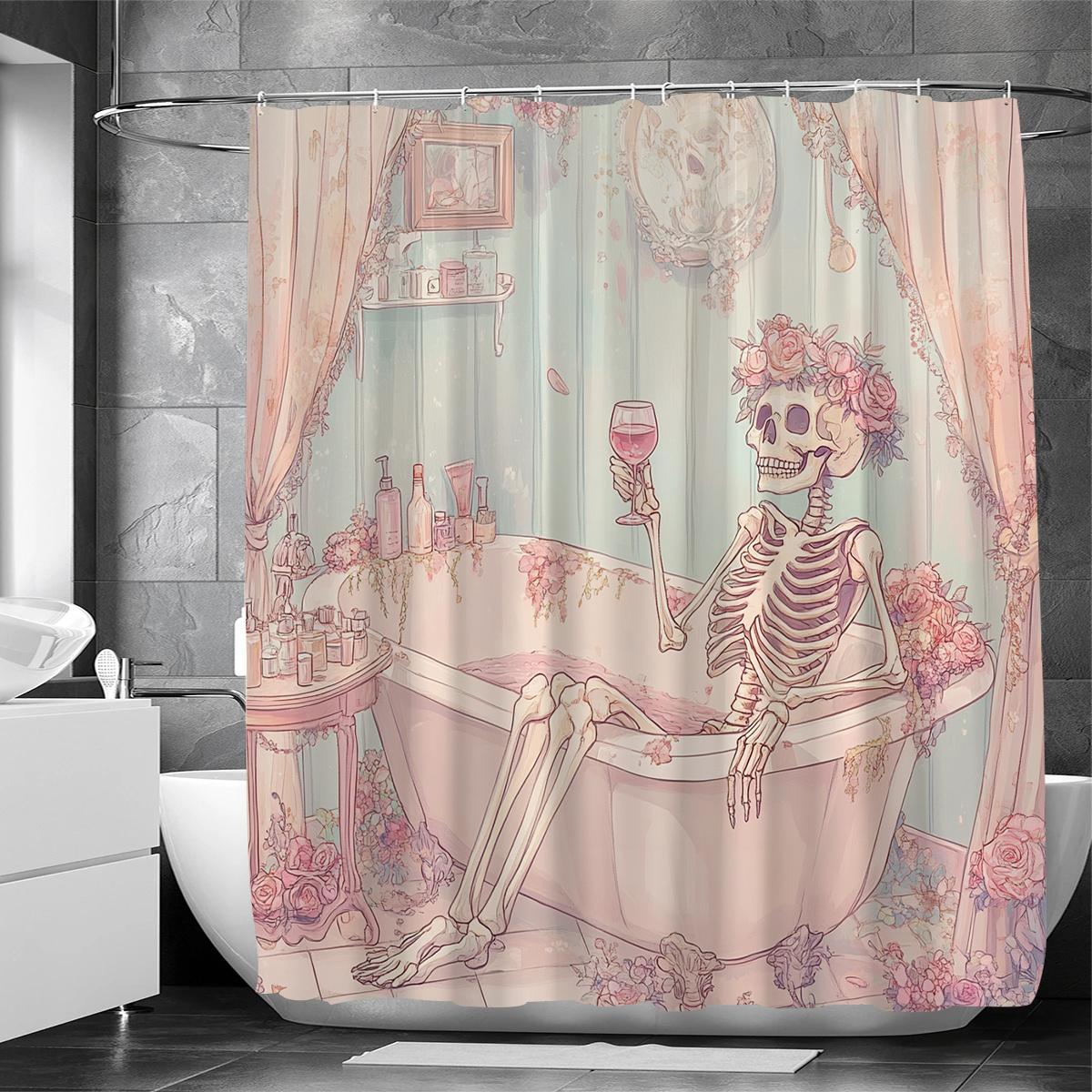 

1Pc Valentine S Day Pink Skull Digital Print Shower Curtain, Machine Washable, Woven, Bathroom Decorative Pattern Curtain W60H190(CM)-1 Pcs