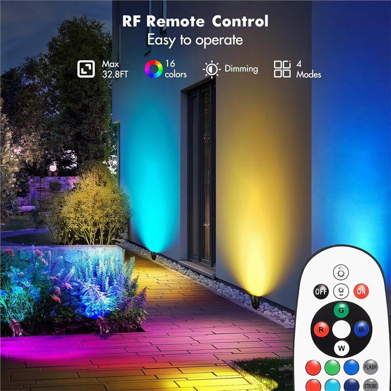 SHGO-Outdoor LED Spot Light RGBW Low Voltage Landscape Light 6W Waterproof Color Change Remote Control For Lawn Path Garden