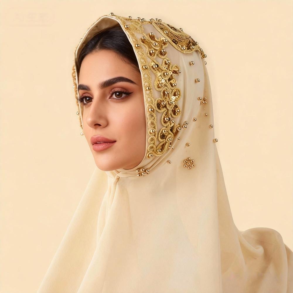 Gold Beads Pearl Chiffon Hijab Scarf Silk Sequin Wraps Shawl Headwraps Islamic Turban  Female