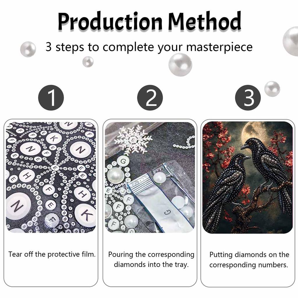 Moonlit Crow Couple Pearl Painting Kit with Frame Sparkling Bead Canvas Romantic Handmade Wall Decor Gift for Women DIY Craft Art Project