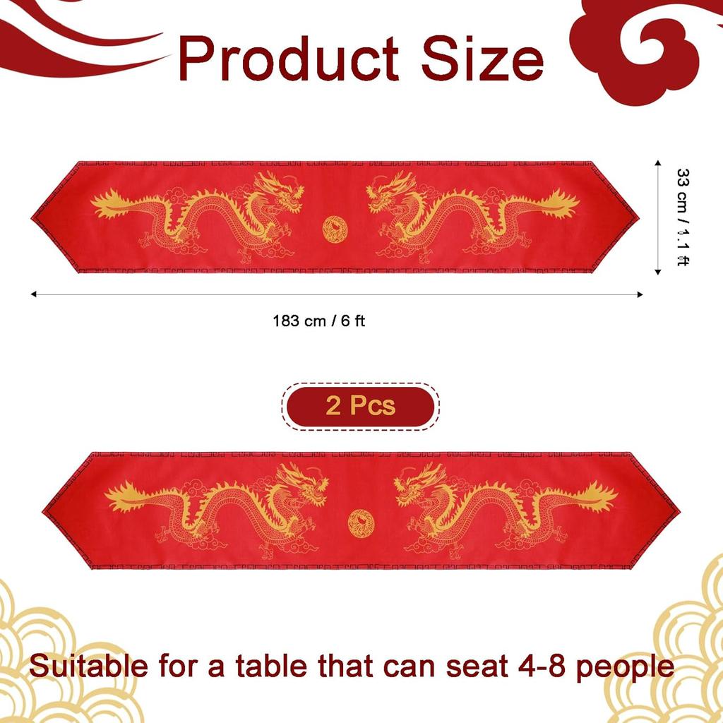 2 Pcs Chinese Dragon Printed Table Runner 13x72Inch China New Year Decorations Red Table Cover for Spring Festival Kitchen Dining Tables Decoration