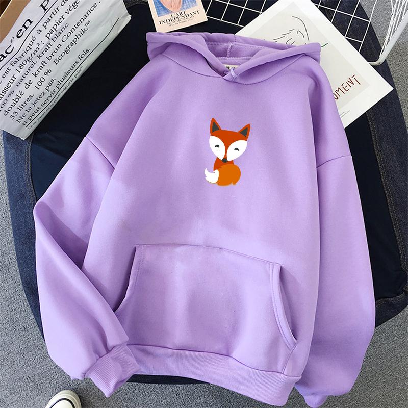 Winter casual fashion fleece ladies sweatshirt long sleeve cute little fox print pattern pullover loose hoodie women thickening