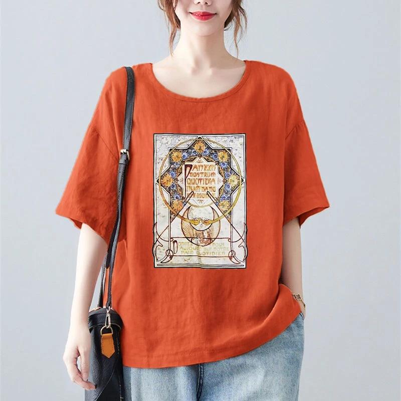 T-shirt Women Versatile Cotton Summer Casual Large Size Loose Round Neck Pullover Short-sleeved Tops