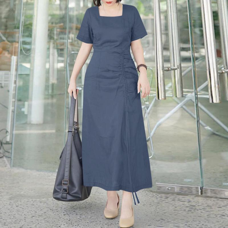ZANZEA Women Casual Square Collar Short Sleeve Summer Long Dress